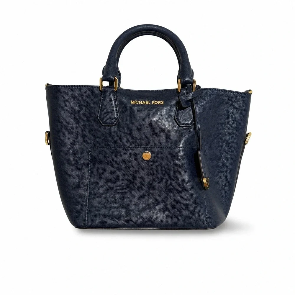 Michael Kors Saffiano Leather Satchel Womens Navy Blue Gold Hardware Handbag